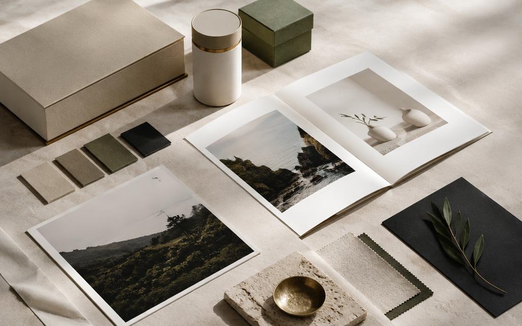 Editorial brand and marketing materials arranged on a worktable