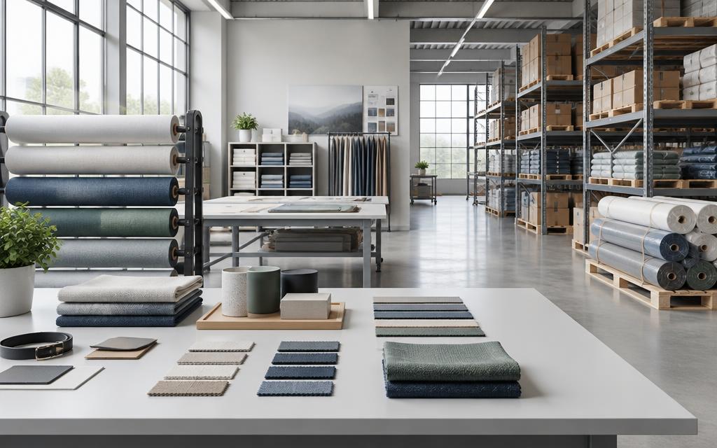 Materials, samples and stock arranged in a working sourcing studio